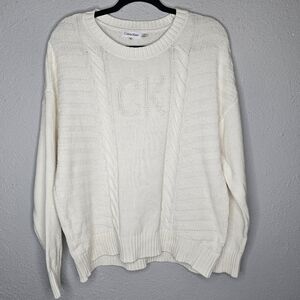 Calvin‎ Klein Ivory Sweater Womens XL Cable Knit Preppy Luxury Logo Quiet Luxury